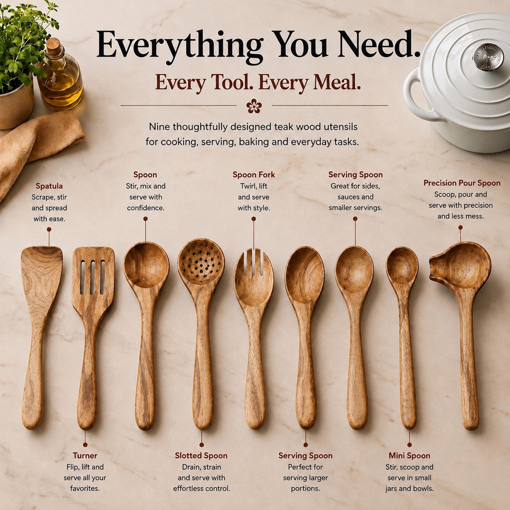 Simmer Down Cookware Teak Wood Kitchen Utensil Set, 9-Piece
